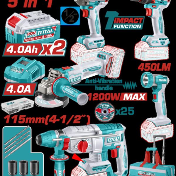COMBO INALAMBRICO 20V TALADRO ROTOMARTILLO 1"  SDS PLUS 2,5 JULES + PISTOLA IMPACTO INALAMBRICA 1/2" 405NM +  TALADRO DE IMPACTO 1/2" 66NM + PULIDORA  4 1/2" 1200W  + LINTERNA INALAMBRICA 450 LUMENES  + 2 BATERIAS 4.0AH + CARGADOR INCLUYE ACCESORIOS INDUSTRIAL SUPER TOTAL (UTCKLI20595)