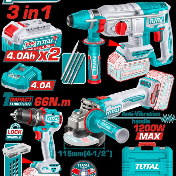 COMBO INALAMBRICO 20V  X 3 PZS TALADRO  INALAMBRICO PERCUTOR 1/2 66 NM +  PULIDORA INALAMBRICA 4 1/2 1200W + TALADRO ROTOMARTILLO  1 "  SDS PLUS  2.5 JULES  INLCUYE 2 BATERIAS 4.0AH , 1 CARGADOR , 10 DISCOS DE CORTE  Y ACCESORIOS INDUSTRIAL SUPER TOTAL (UTCKLI202598)