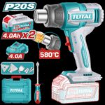 PISTOLA CALOR INALAMBRICA 20V CON TEMPERATURA AJUSTABLE 30-580°C INCLUYE 4 BOQUILLAS 1 RASCADOR + 2 BATERIA 4.0AH Y CARGADOR INDUSTRIAL SUPER TOTAL (UTBLI20085)