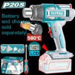 Pistola Calor Inalambrica  20V con Temperatura Ajustable 30-580°C  Pantalla Lcd Incluye 4 Boquillas 1 Rascador  Bateria y Cargador No Incluido  Industrial Super Total (TBLI2058)