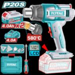 PISTOLA CALOR INALAMBRICA  20V CON TEMPERATURA AJUSTABLE 30-580°C  PANTALLA LCD INCLUYE 4 BOQUILLAS 1 RASCADOR + 2  BATERIA  4.0AH  Y CARGADOR  INDUSTRIAL SUPER TOTAL (UTBLI20582)