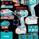 COMBO INALAMBRICO 20V PISTOLA IMPACTO INALAMBRICA 1/2" 850NM + PISTOLA CALOR TEMPERATURA AJUSTABLE 30-580°C + 2 BATERIAS 5.0AH + CARGADOR 4.0AH + ACCESORIOS INDUSTRIAL TOTAL (UTOSLI260381)