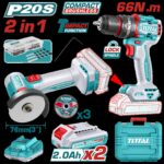COMBO INALAMBRICO 20V X 2 PZS TALADRO PERCUTOR 1/2"  66 N.M + MINI PULIDORA 3" INCLUYE 2 BATERIAS  2.0 AH + CARGADOR  + 3 DISCOS Y 47 ACCESORIOS INDUSTRIAL SUPER TOTAL (UTCKLI20255)