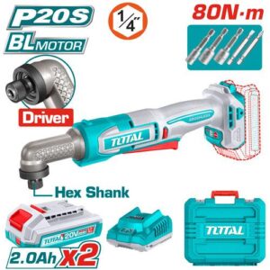 Atornillador de Impacto de Angulo 1/4" 20V 80NM Incluye  2  Baterias 2.0AH y Cargador Industrial Super Total (UTAIRLI208)
