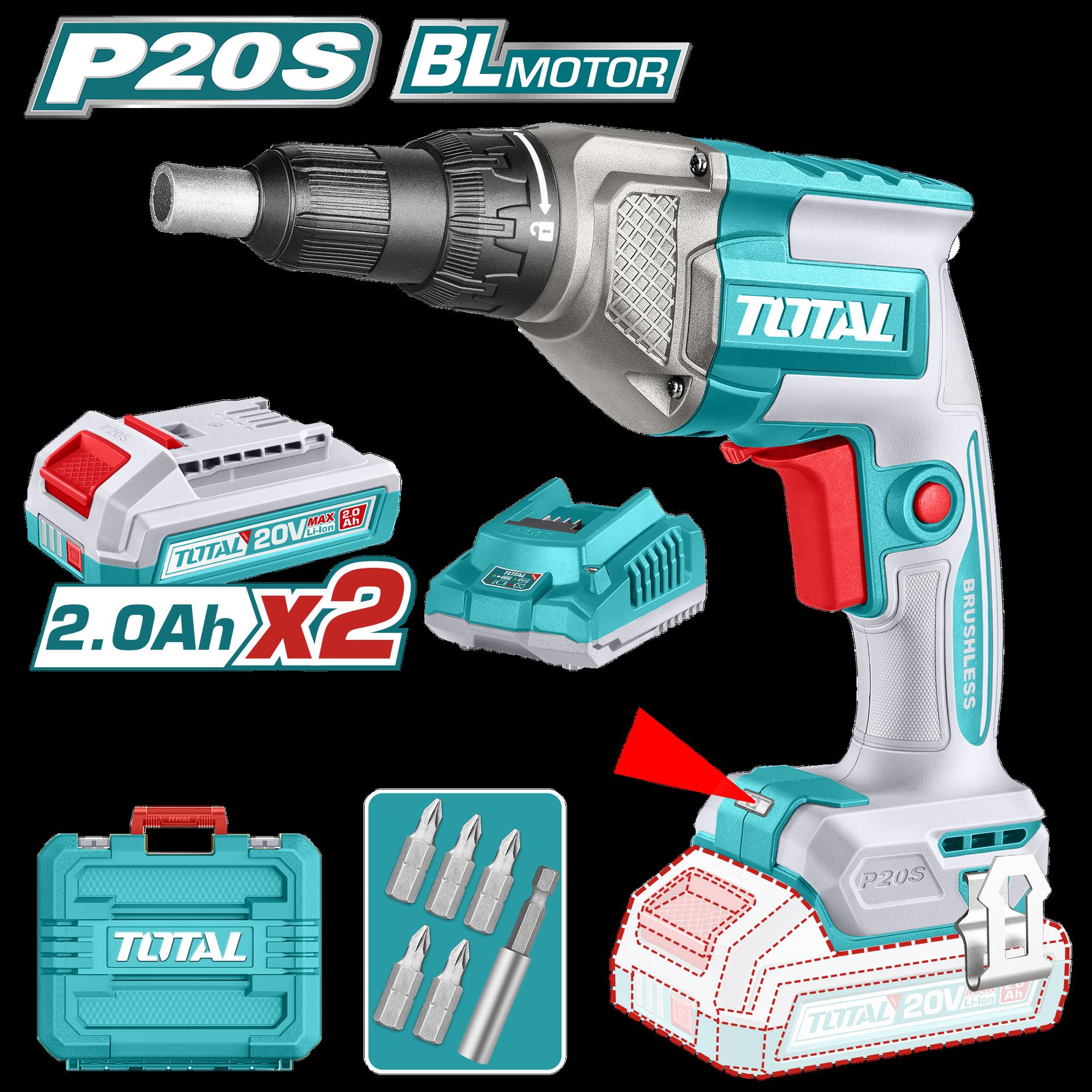 ATORNILLADOR DRYWALL 1/4" 20V INCLUYE 2 BATERIAS 2.0AH ,CARGADOR Y ACCESORIOS INDUSTRIAL TOTAL (UTDSLI204282)