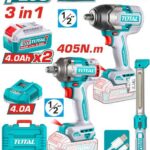 Combo Inalambrico 20V Pistola Impacto Inalambrico 1/2 850NM + Pistola Impacto Inalambrica 1/2 405 Nm + Lampara de Trabajo 300 Lumenes Recargable +2 Bateria 4.0 AH   y Cargador Industrial Super Total (UTOSLI260285)