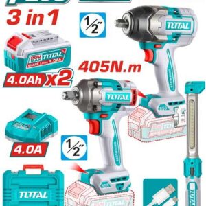 Combo Inalambrico 20V Pistola Impacto Inalambrico 1/2 850NM + Pistola Impacto Inalambrica 1/2 405 Nm + Lampara de Trabajo 300 Lumenes Recargable +2 Bateria 4.0 AH   y Cargador Industrial Super Total (UTOSLI260285)