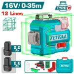 NIVEL LASER 0-35M  LUZ VERDE  3D 12 LINEAS 16V INCLUYE 2 BATERIAS 2.0AH RECARGABLE TIPO USB-C  INDUSTRIAL TOTAL (TLL301205)