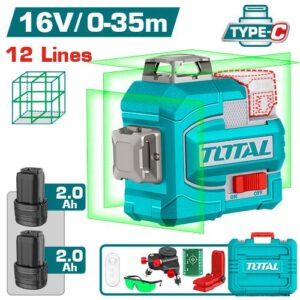 Nivel Laser 0-35M  Luz Verde  3D 12 Lineas 16V Incluye 2 Baterias 2.0AH Recargable Tipo USB-C  Industrial Total (TLL301205)