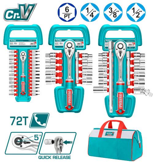 JUEGO DE RACHE 1/4-1/2-3/8" + 57 ACCESORIOS INDUSTRIAL TOTAL (TOS23092)