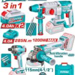 COMBO INALAMBRICO 20V ATORNILLADOR DE IMPACTO 1/4" 285NM  + PULIDORA 4-1/2" 1200W + TALADRO ROTOMARTILLO SDS PLUS 1"  2.5 JULES + 2 BATERIAS 4.0AH + CARGADOR 4.0AH INCLUYE ACCESORIOS INDUSTRIAL SUPER TOTAL  (UTOSLI260191)