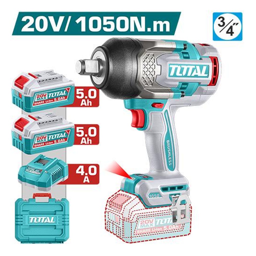 Pistola Impacto Inalambrica 3/4" 20V 1050NM Incluye 2 Baterias 5.0AH y 1 Cargador Industrial Super Total (UTIWLI201056)