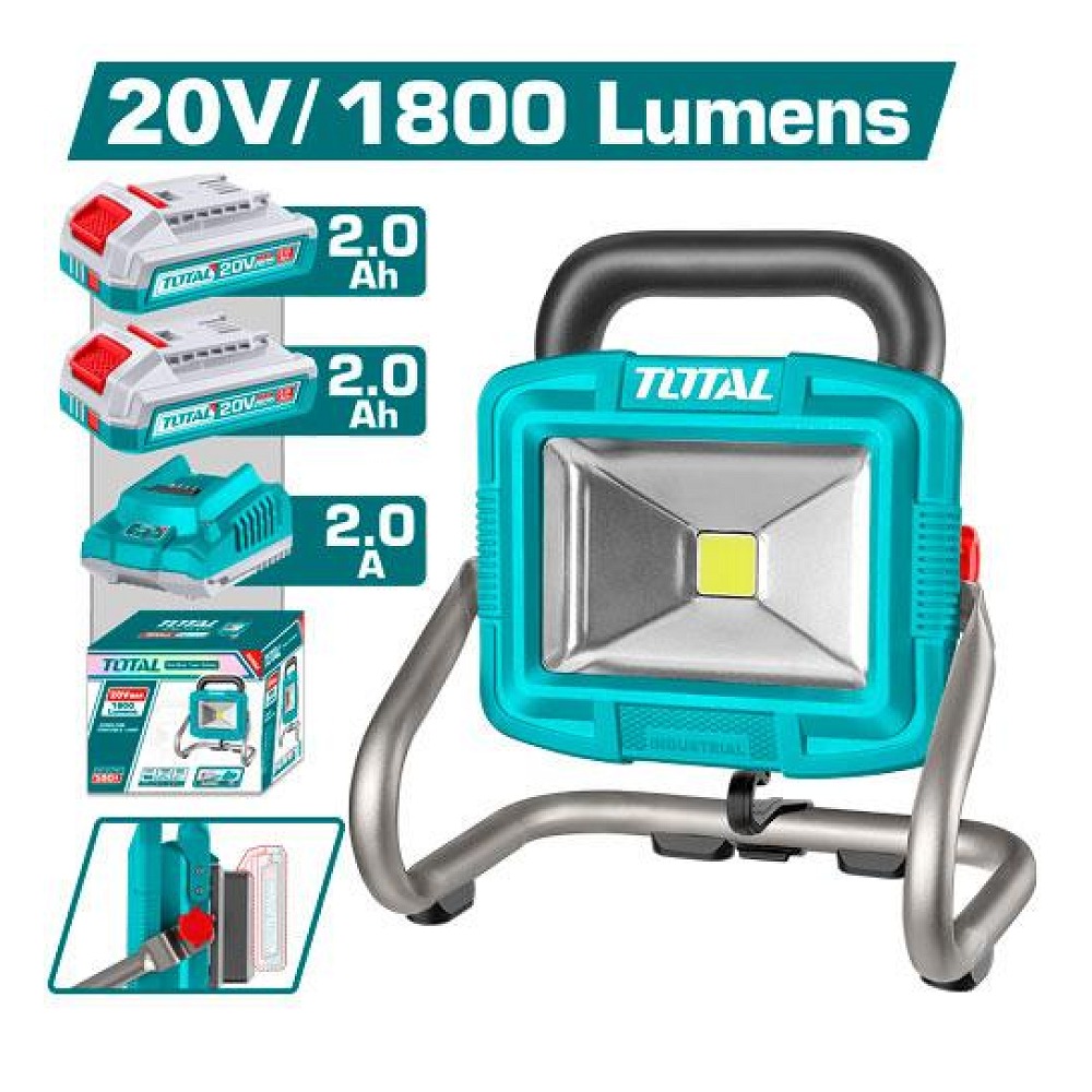 Reflector Recargable 20V 1800 Lumenes Incluye 2 Baterias 2.0AH y 1 Cargador Industrial Total (UTWLI20259)