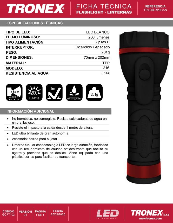 LINTERNA TRONEX 3 LED 200 LUMENES ENCAUCHETADO NEGRO (PILA D) (TRL60LR20CAN)