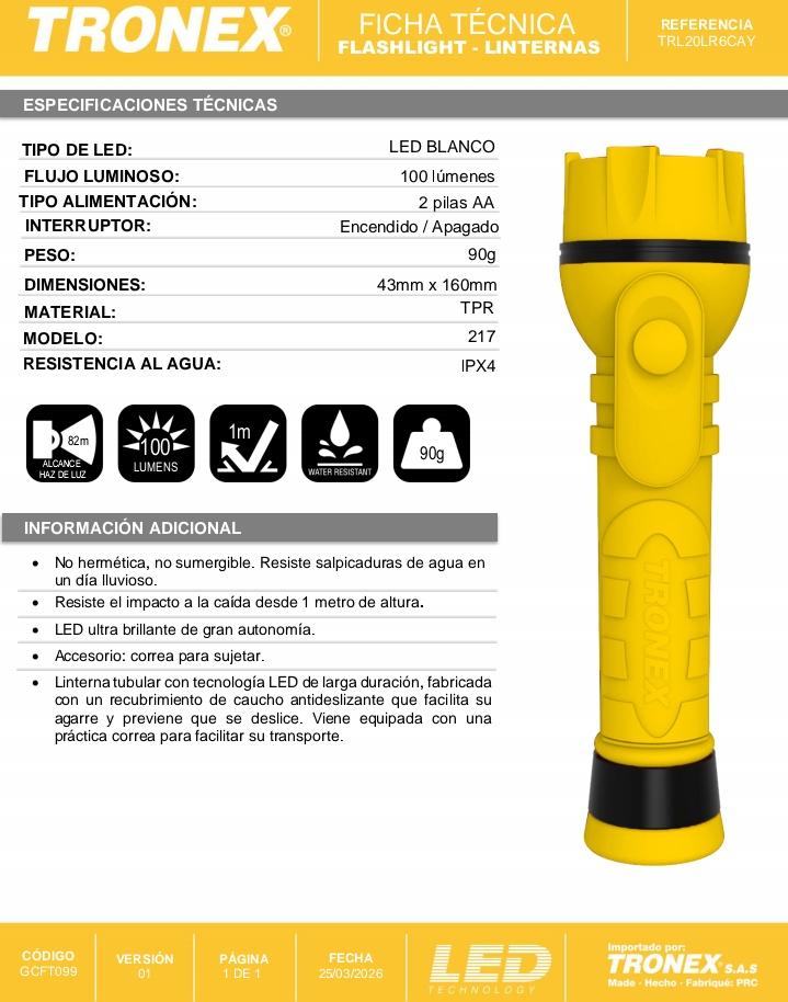 LINTERNA TRONEX 1 LED 100 LUMENES ENCAUCHETADO AMARILLO (PILA AA) (TRL20LR6CAY)