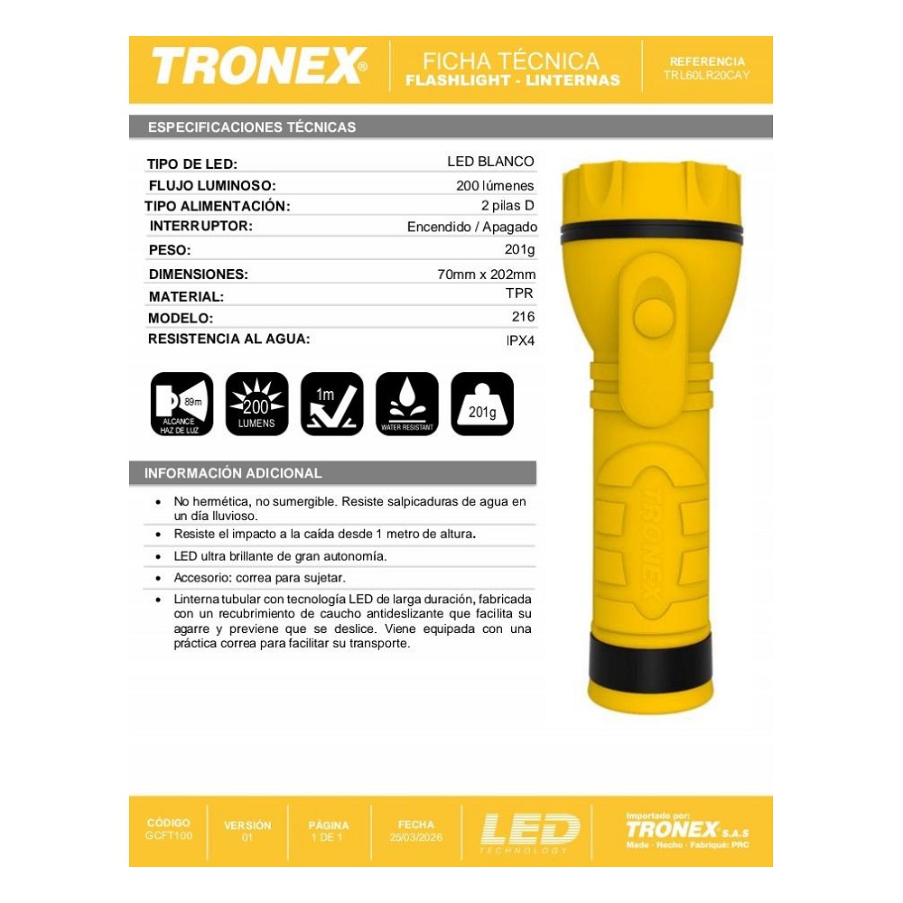 Linterna Tronex 3 LED 200 Lumenes Encauchetado Amarillo (Pila D) (TRL60LR20CAY)