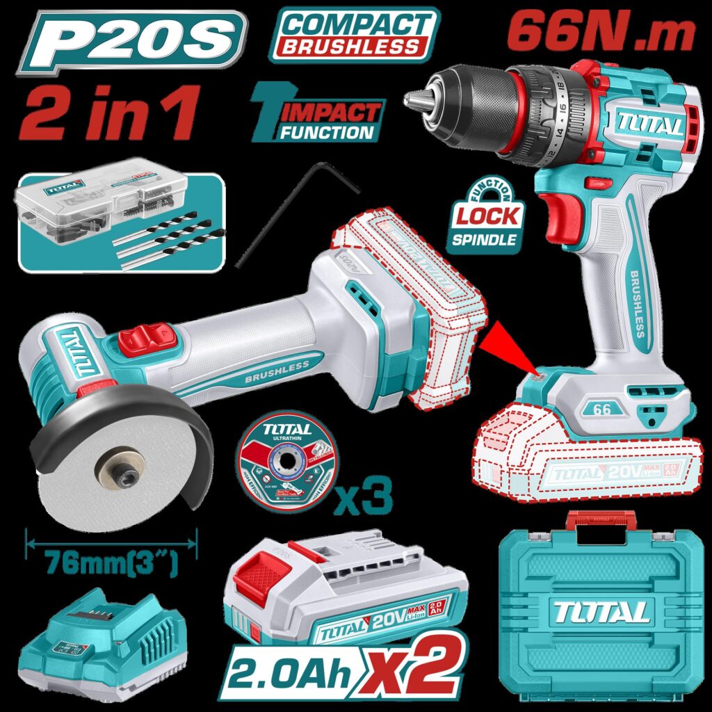Combo inalámbrico 20V taladro percutor y mini pulidora con baterías y accesorios Total