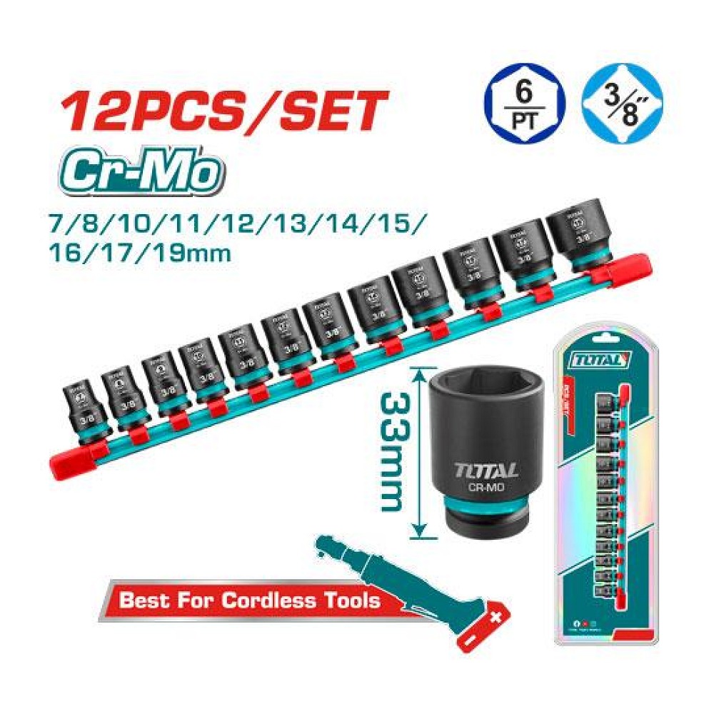 Copas de Impacto 3/8" Largo 33 MM Juego x 12PZS 7 - 19 MM Industrial Total (THTISD38128)