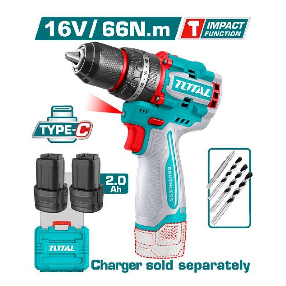 Taladro de Impacto Inalambrico 1/2" 16V 66NM Incluye 2 Bateria de 2.0AH,ACCESORIOS, Carga USB-C Industrial Total (TIDLI16665)