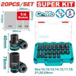 Copas de Impacto 1/2" Industrial Largo 40MM Juego x 20PZS 10 - 24 MM Total (THKISD12206L)