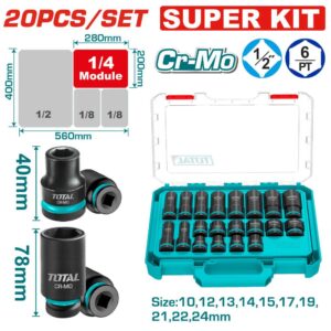 Copas de Impacto 1/2" Industrial Largo 40MM Juego x 20PZS 10 - 24 MM Total (THKISD12206L)
