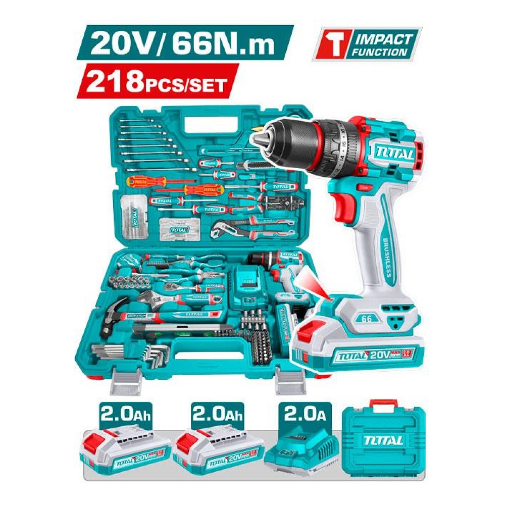 Taladro Percutor Inalambrico 1/2" 20V 66NM + 2 Bateria 2.0AH + Cargador + 214 Herramientas Industrial Total (UTHKTHP42187)
