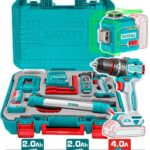 Combo Inalambrico 20V x 4 Pzs Taladro de Impacto 1/2 20V 76NM + Nivel Laser 0-35M  Luz Verde  3D 12 Lineas + Medidor de Distancia Laser 85MTS + 2 Baterias 2.0AH + Cargador 4.0AH + Tripode Retractil y Accesorios Industrial Total (UTLL260467)