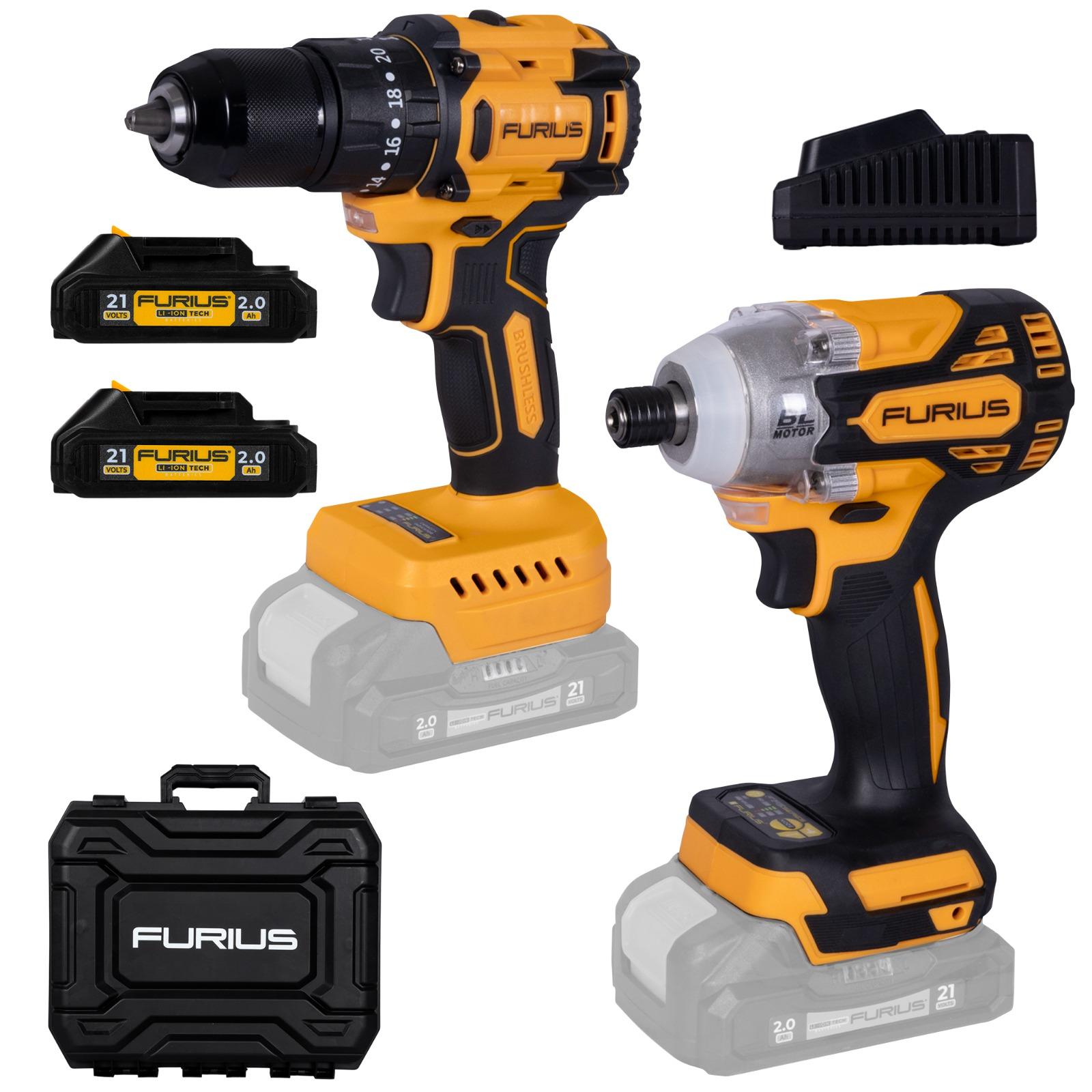 Combo Furius Taladro Percutor Inalambrico 1/2" 21V 45NM + Atornillador de Impacto Inalambrico 21V 240NM Incluye 2 Baterias 2 AH + Cargador (FB214KIT)