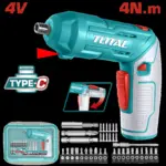 Atornillador Inalambrico 4V Estuche Plastico + 20 Puntas Taladro de 25MM, 2 de 50MM, 1 Broca y Conector Super  Total (TSDLI04425)