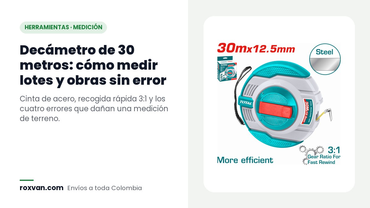 Decámetro Total de 30 metros con cinta de acero de 12,5 mm y recogida rápida 3:1