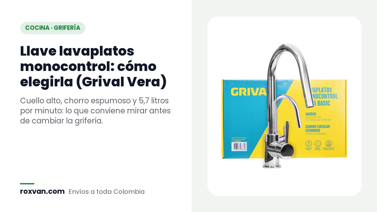 Llave lavaplatos monocontrol Grival Vera Basic cromada de cuello alto frente a su caja
