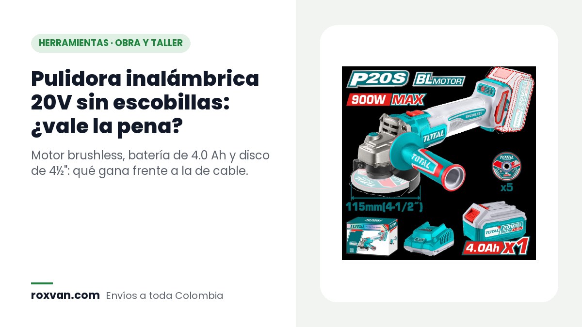 Pulidora inalámbrica Total 4½ pulgadas 20V sin escobillas con batería 4.0 Ah, cargador y 5 discos
